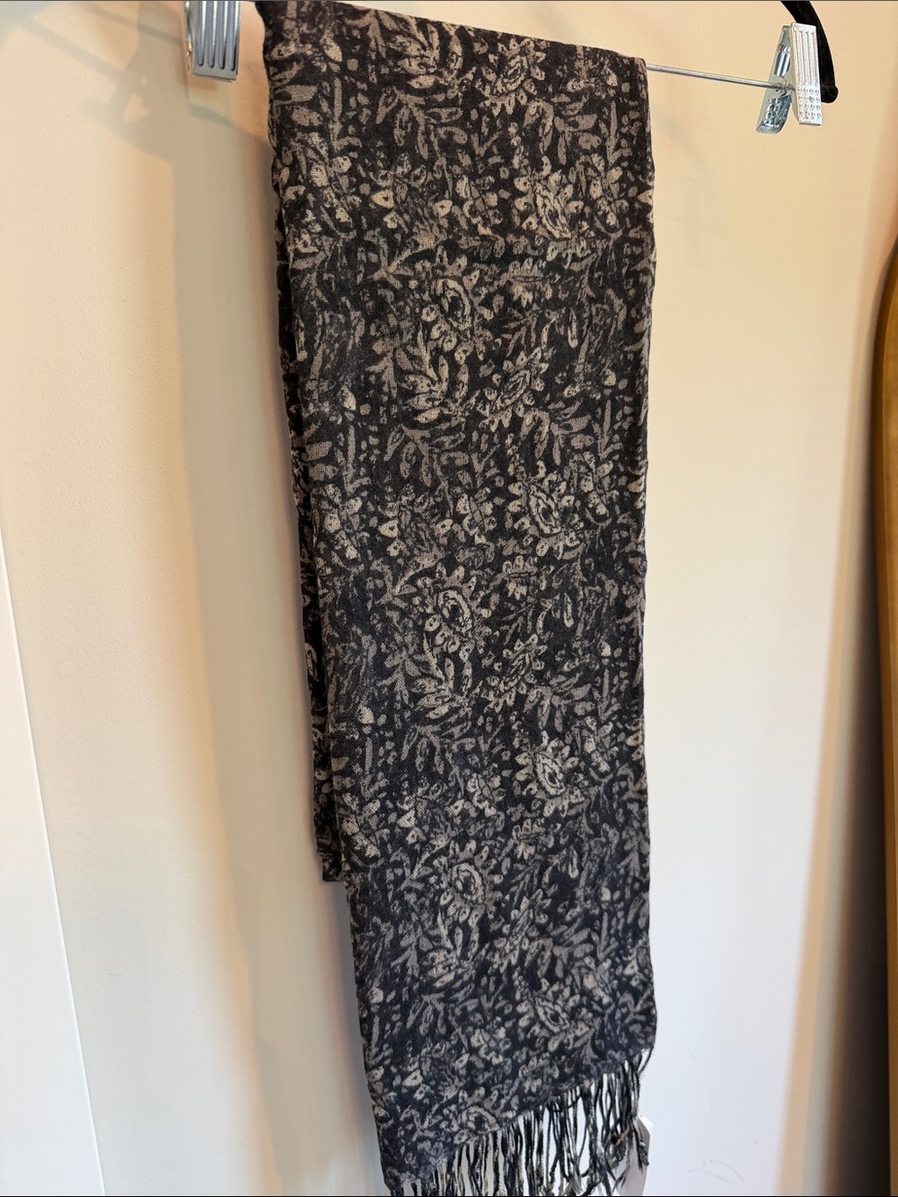 Women's Black and Cream Floral Fringe Scarf